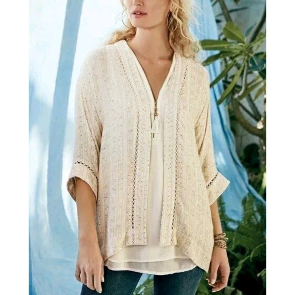 Soft Surroundings Size M Petite Kimono Cardigan Topper Sequin Crochet Boho Chic
